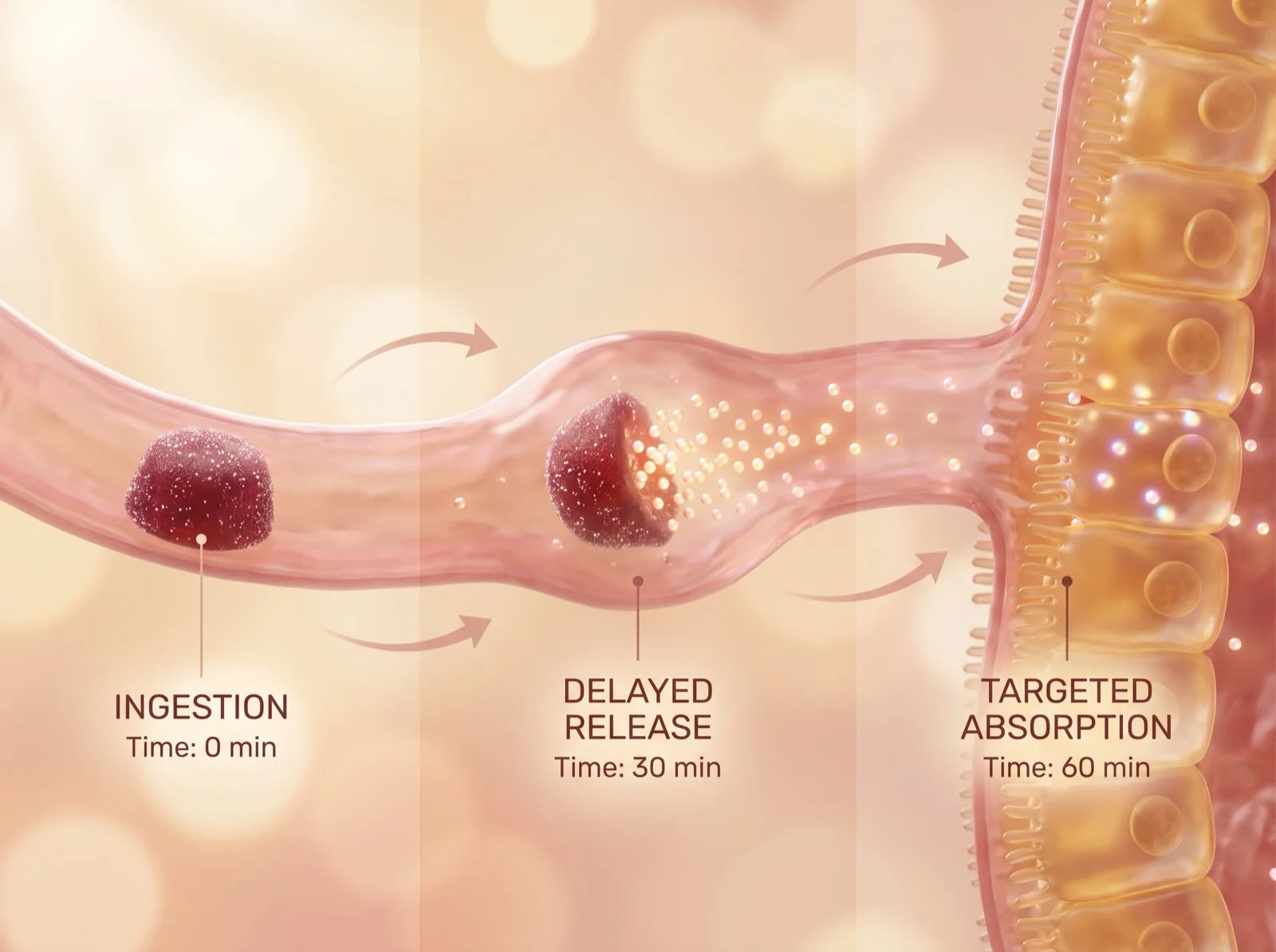 Cinematic macro render of a berry gummy releasing liposomal beadlets on its journey from ingestion through delayed release to targeted absorption in the gut lining