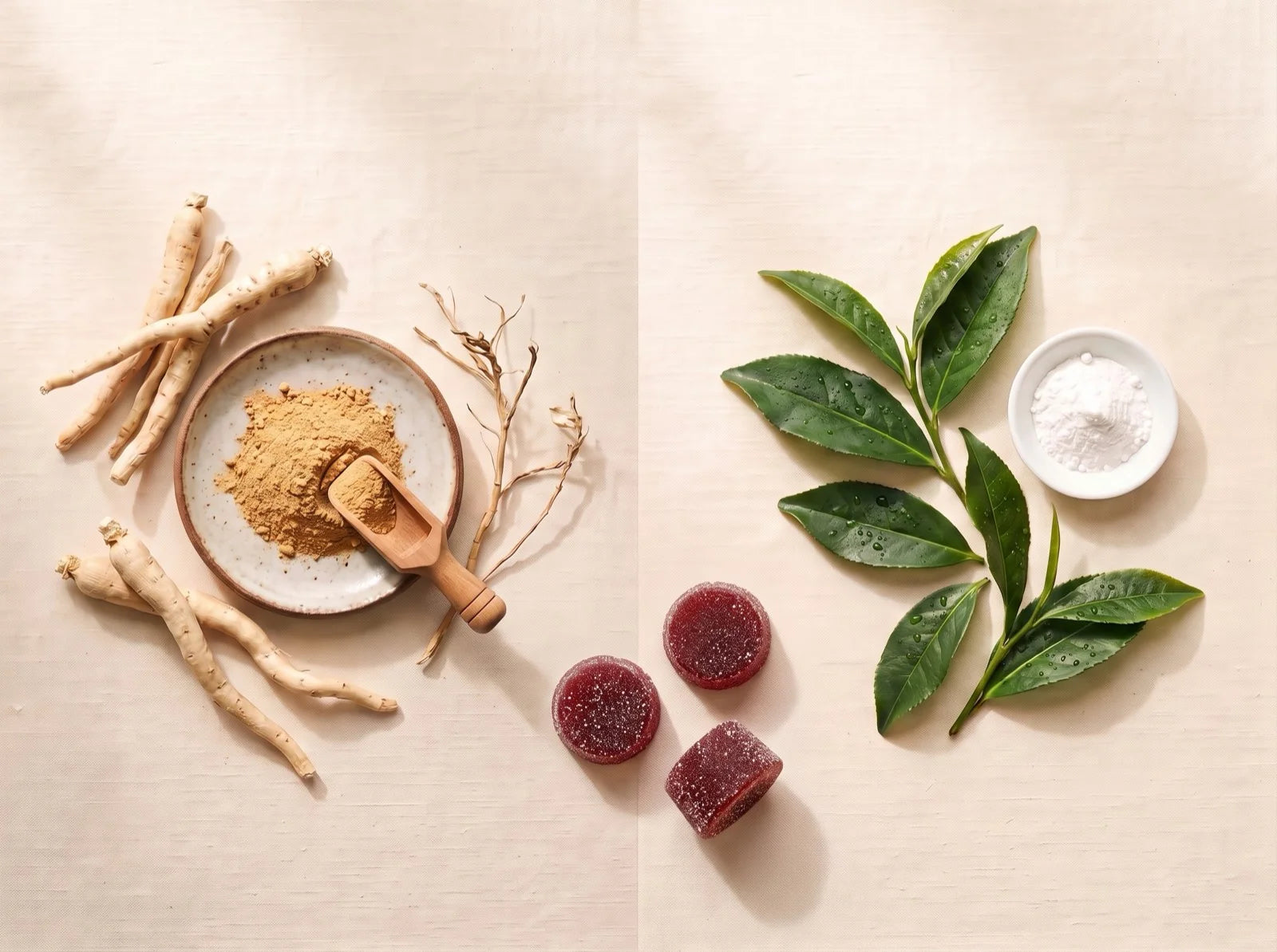 Overhead still life: ashwagandha roots and KSM-66 powder on a ceramic plate on the left, fresh green tea leaves and L-theanine powder on the right, three berry gummies bridging the two ingredients