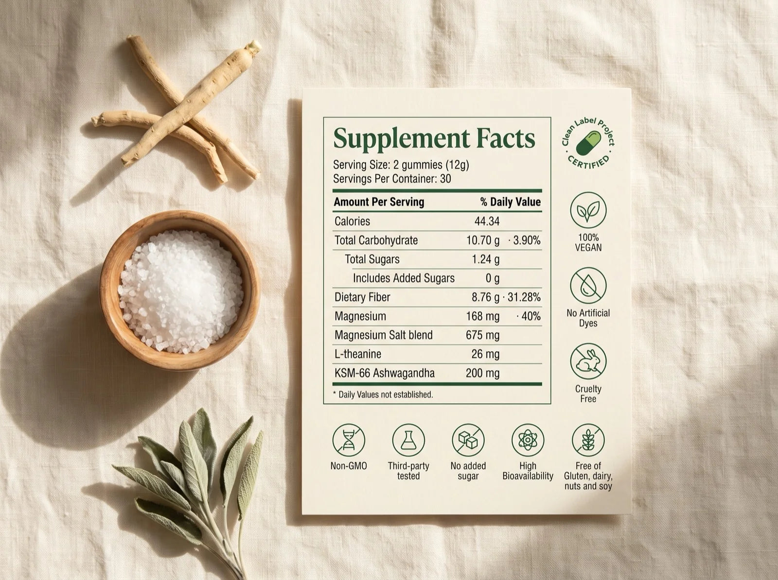Supplement facts label: 2 gummies per serving, 168mg magnesium, 26mg L-theanine, 200mg KSM-66 ashwagandha, non-GMO, third-party tested, no added sugar