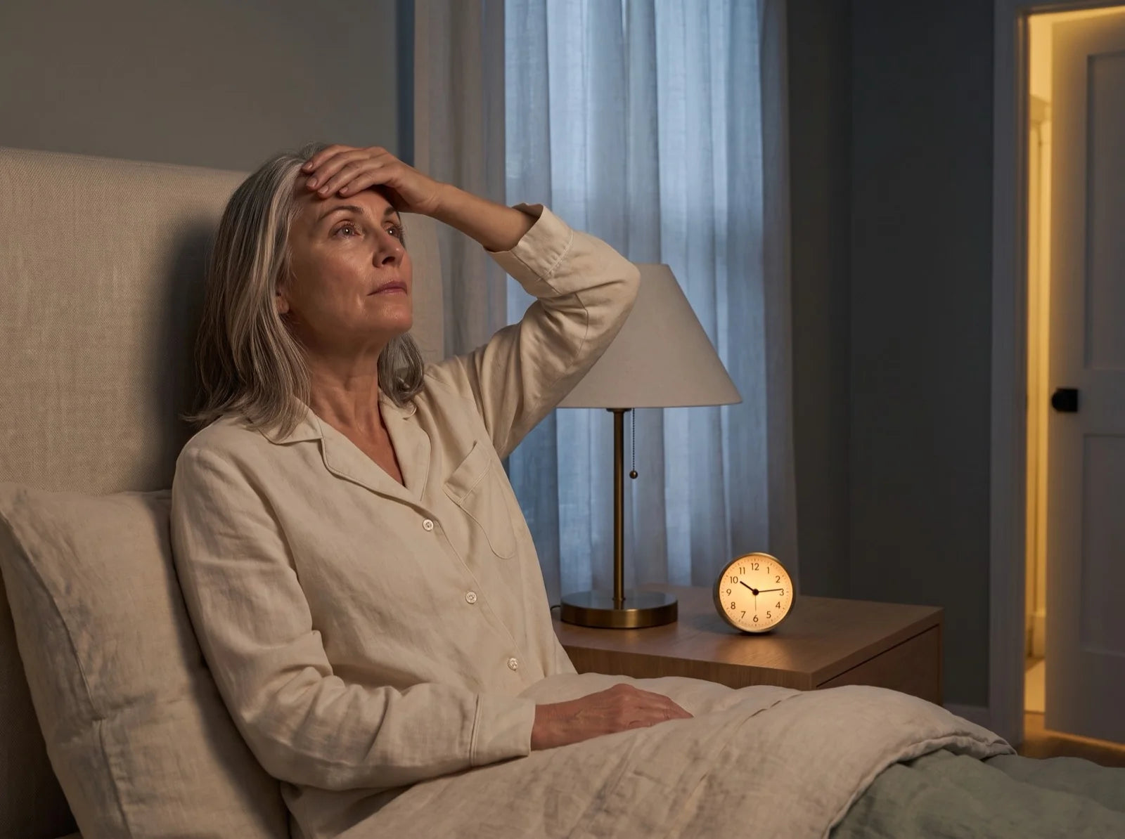 Woman in her late 50s sitting up in bed in the middle of the night, hand resting on her forehead, bedside clock glowing beside a lamp, a sliver of warm hallway light behind