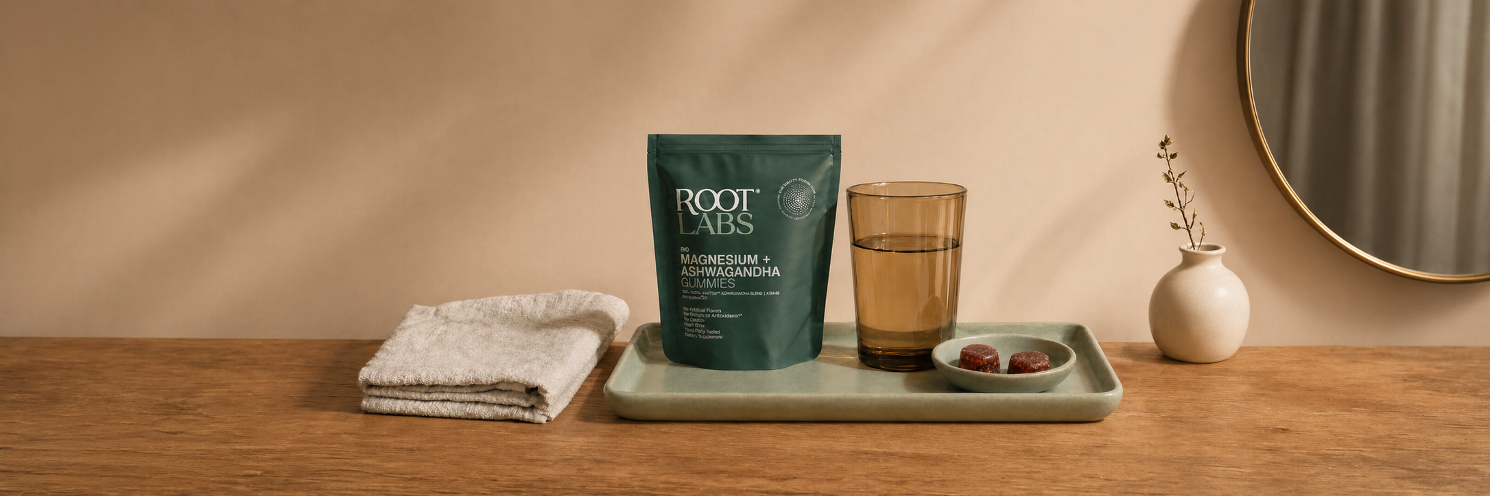 Root Labs MagAshwa pouch on a tray with a glass of water and evening ritual objects