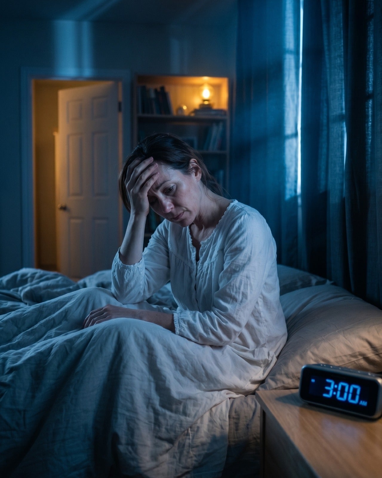 Perimenopausal woman in white nightgown sitting on the edge of her bed at 3 AM, head in hand, unable to sleep — the 3 AM cortisol-magnesium wake-up cycle