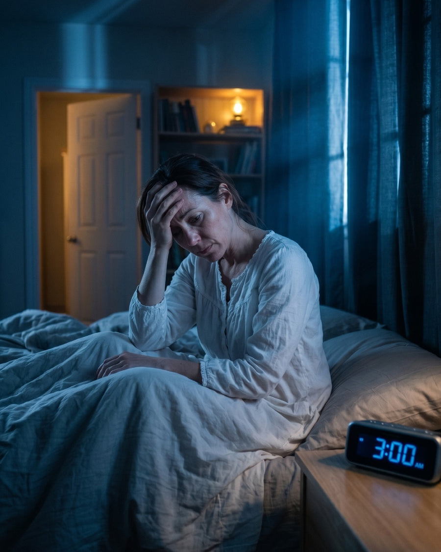Perimenopausal woman in white nightgown sitting on the edge of her bed at 3 AM, head in hand, unable to sleep — the 3 AM cortisol-magnesium wake-up cycle