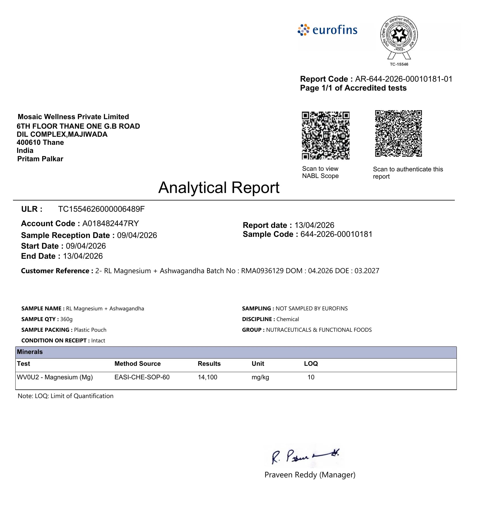 Eurofins Certificate of Analysis