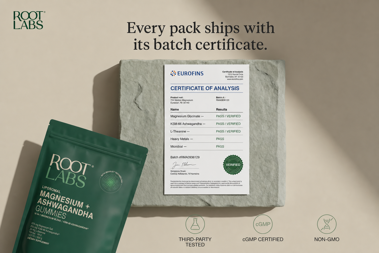 Every pack ships with its batch certificate — Eurofins COA + certifications