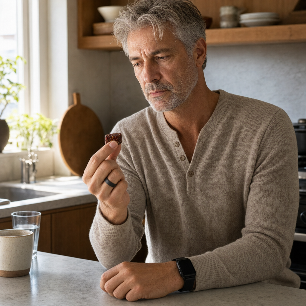 Man inspecting the gummy in his morning kitchen