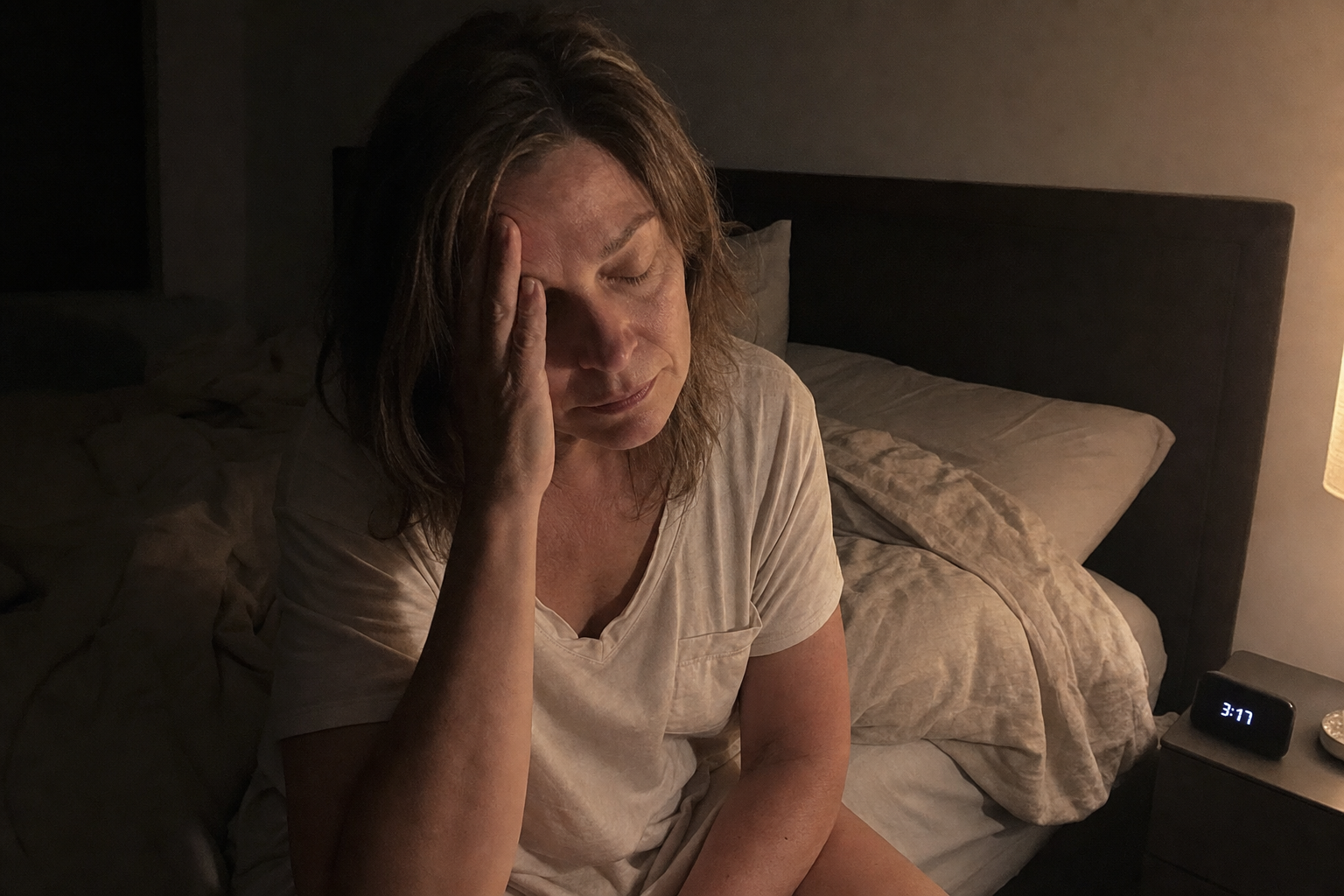 Perimenopausal woman awake at 3:11 AM, hand to forehead, unable to sleep