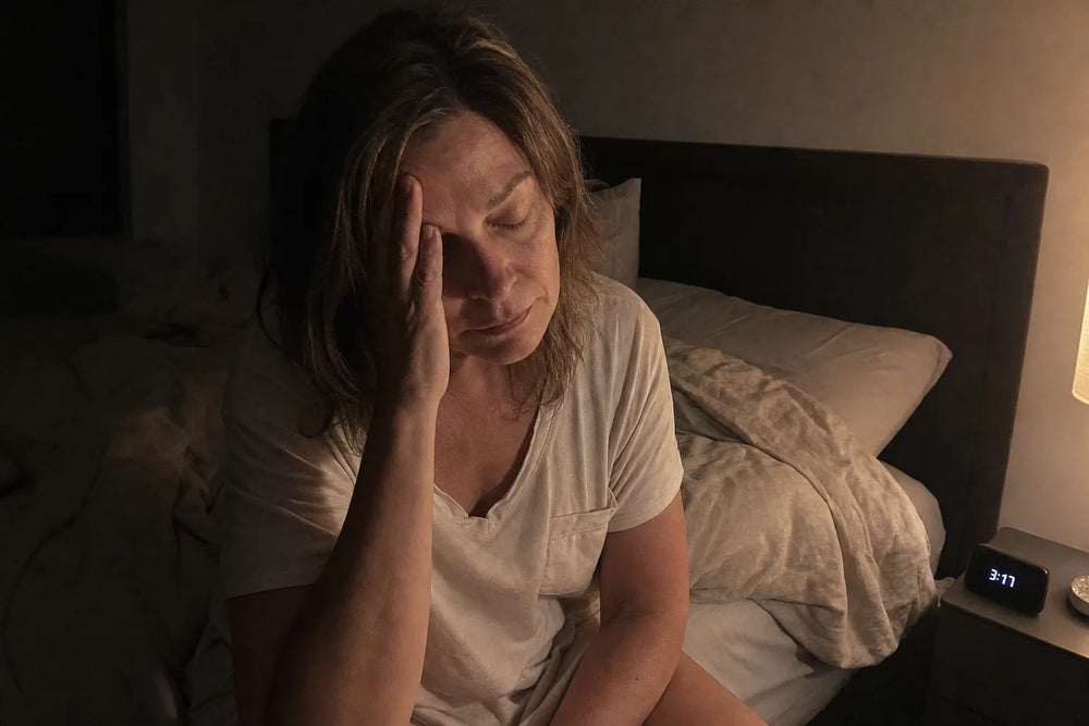 Perimenopausal woman awake at 3:11 AM, hand to forehead, unable to sleep